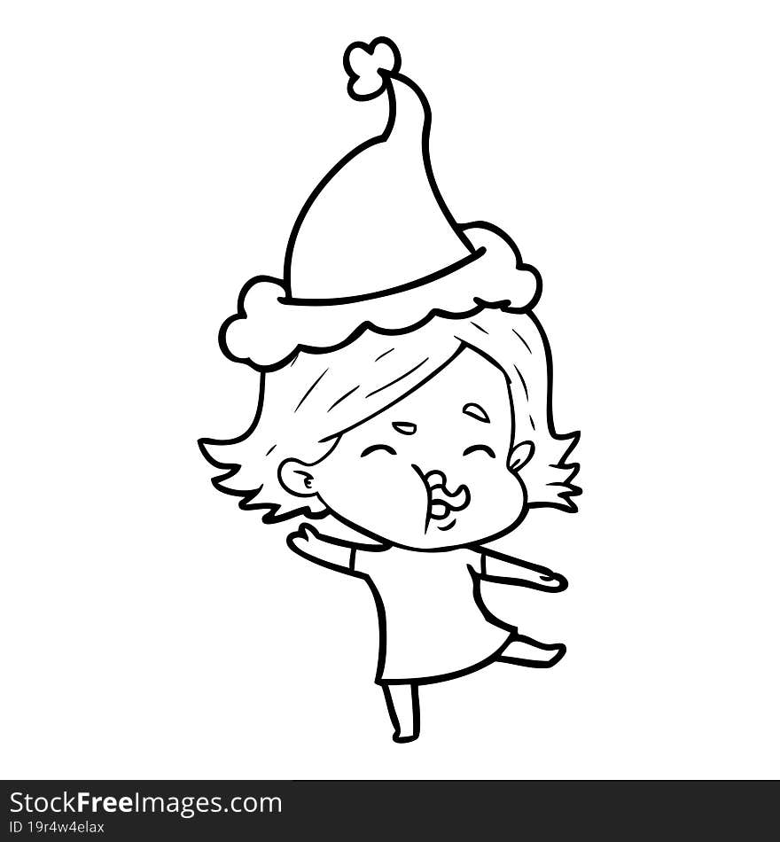 line drawing of a girl pulling face wearing santa hat