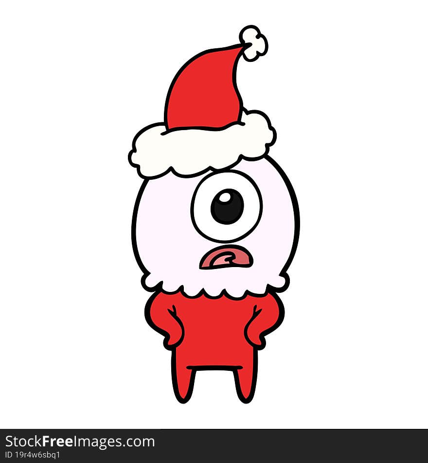 line drawing of a cyclops alien spaceman wearing santa hat