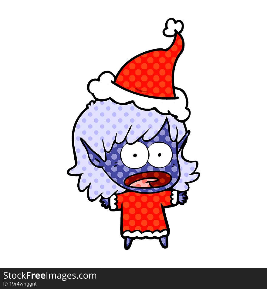 comic book style illustration of a shocked elf girl wearing santa hat