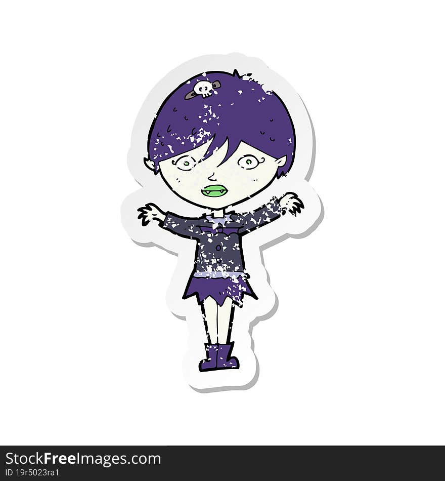 retro distressed sticker of a cartoon waving vampire girl