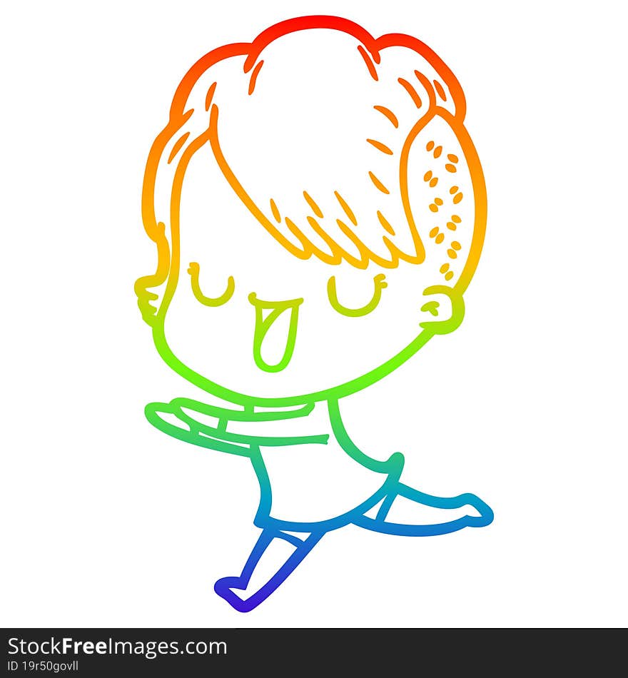 Rainbow Gradient Line Drawing Cute Cartoon Girl With Hipster Haircut