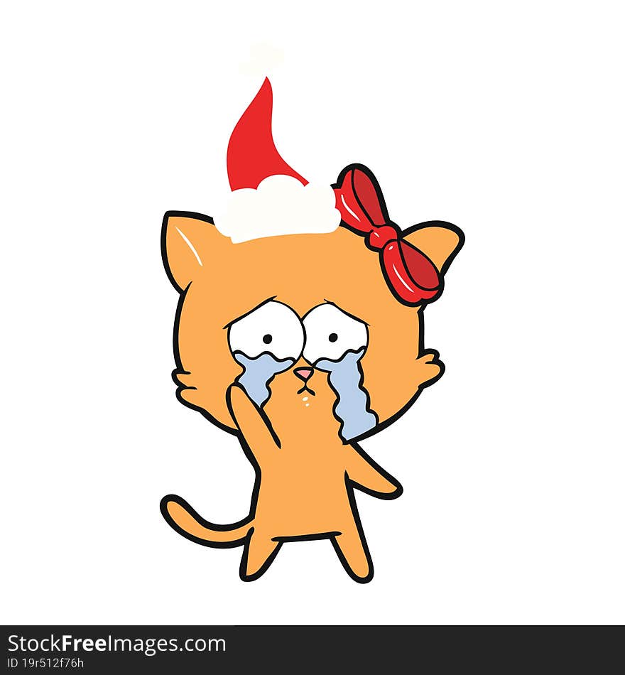 flat color illustration of a cat wearing santa hat