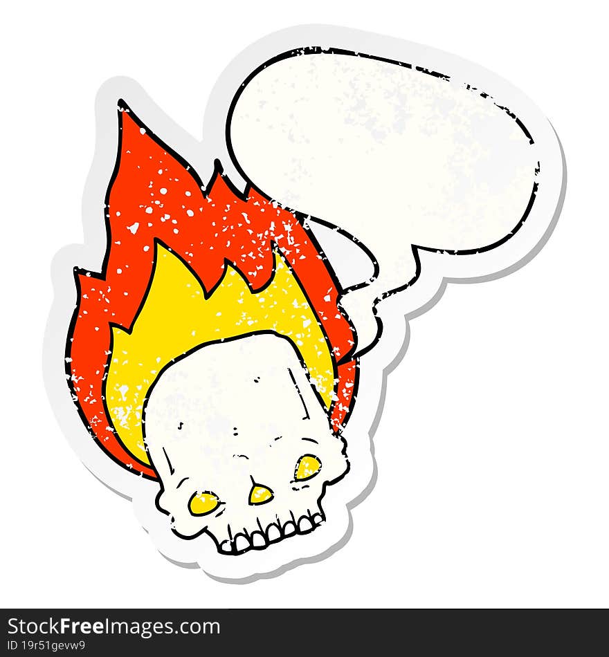 spooky cartoon flaming skull and speech bubble distressed sticker