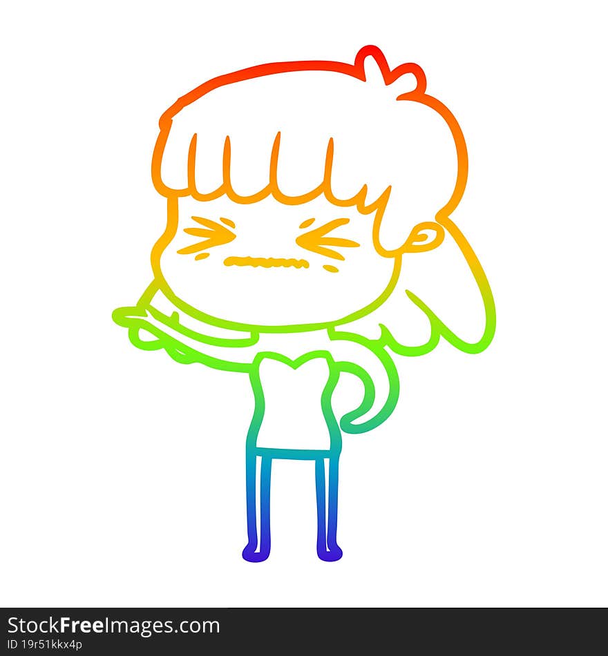 rainbow gradient line drawing of a cartoon angry girl