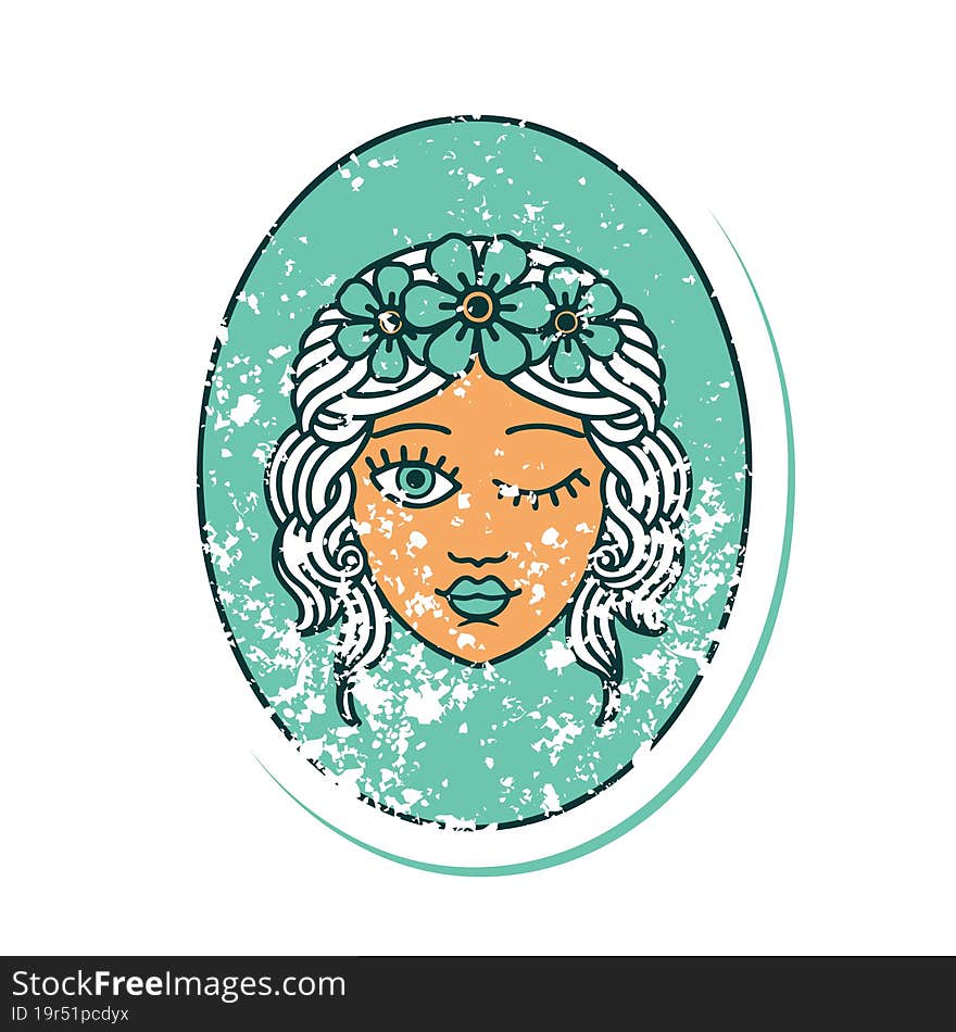 iconic distressed sticker tattoo style image of a maiden with crown of flowers winking. iconic distressed sticker tattoo style image of a maiden with crown of flowers winking