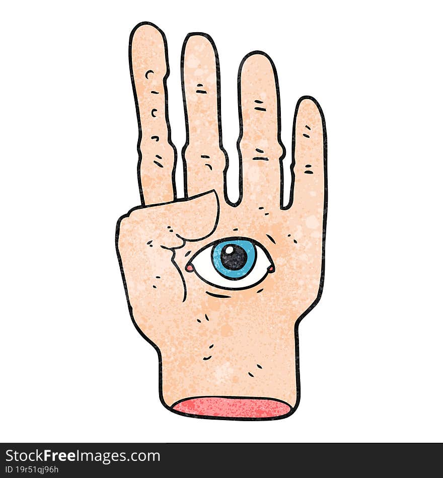 freehand textured cartoon spooky hand with eyeball