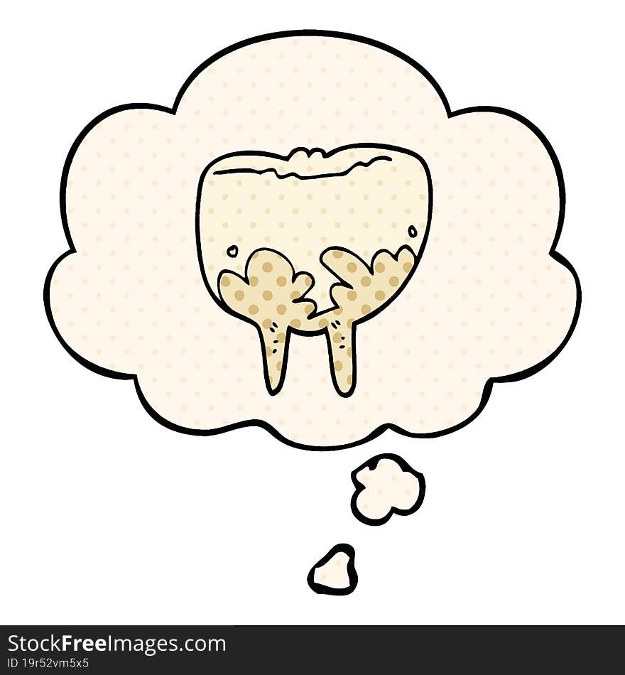 cartoon tooth with thought bubble in comic book style