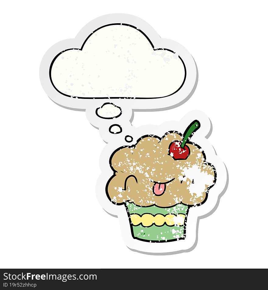 cartoon cupcake with thought bubble as a distressed worn sticker