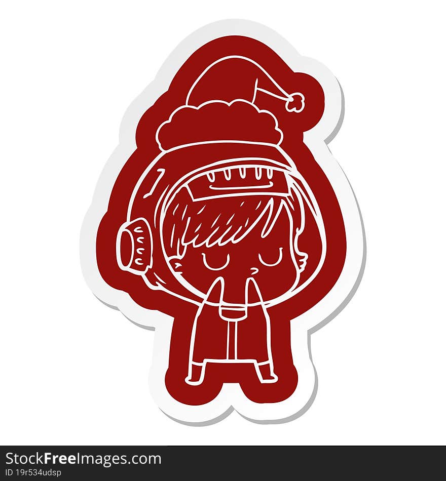 cartoon  sticker of a astronaut woman wearing santa hat