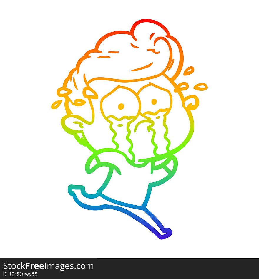 rainbow gradient line drawing of a cartoon crying man running