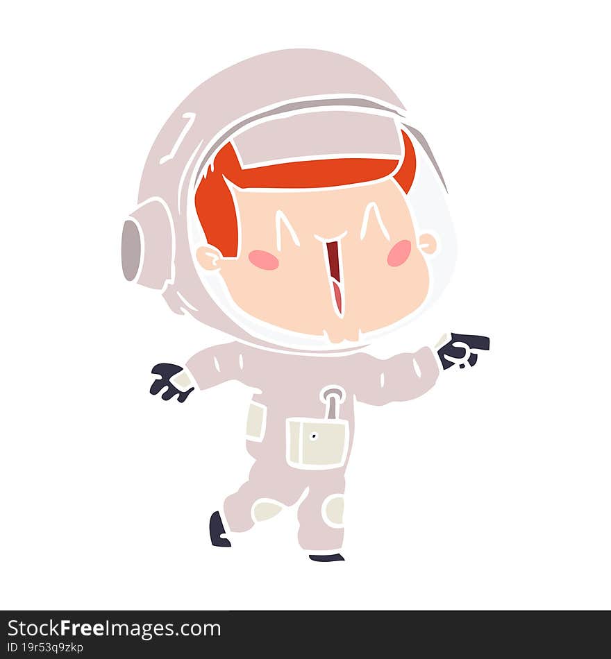 happy flat color style cartoon astronaut pointing