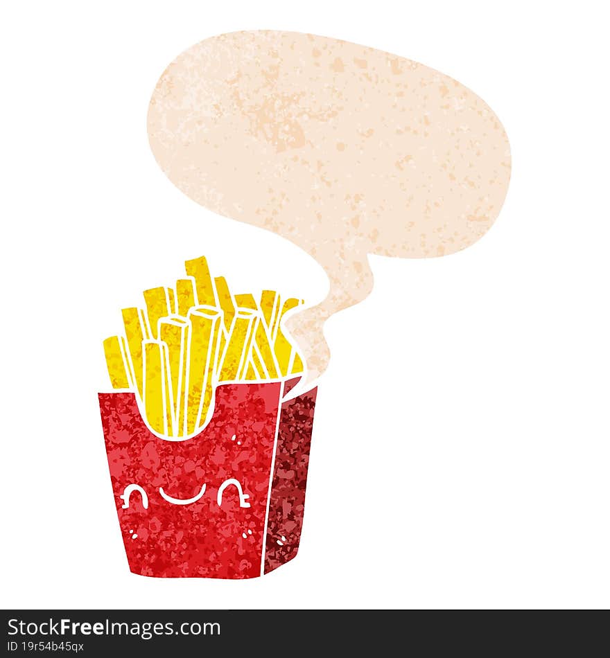 Cartoon Fries In Box And Speech Bubble In Retro Textured Style