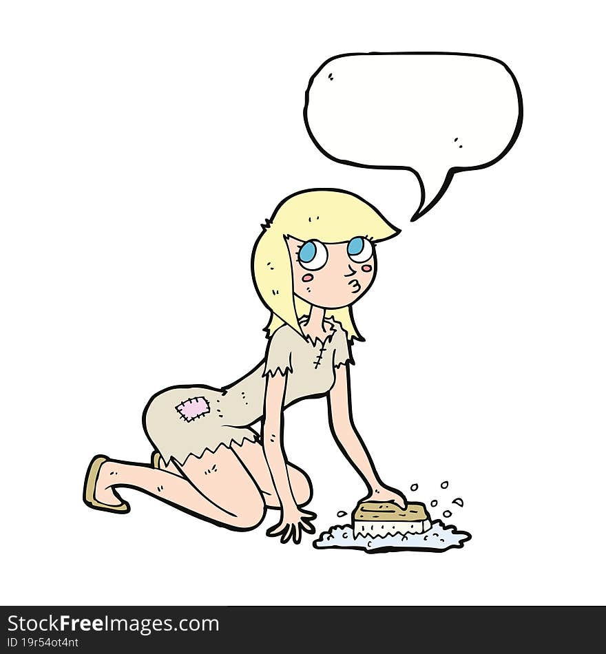 cartoon cinderella scrubbing floors with speech bubble