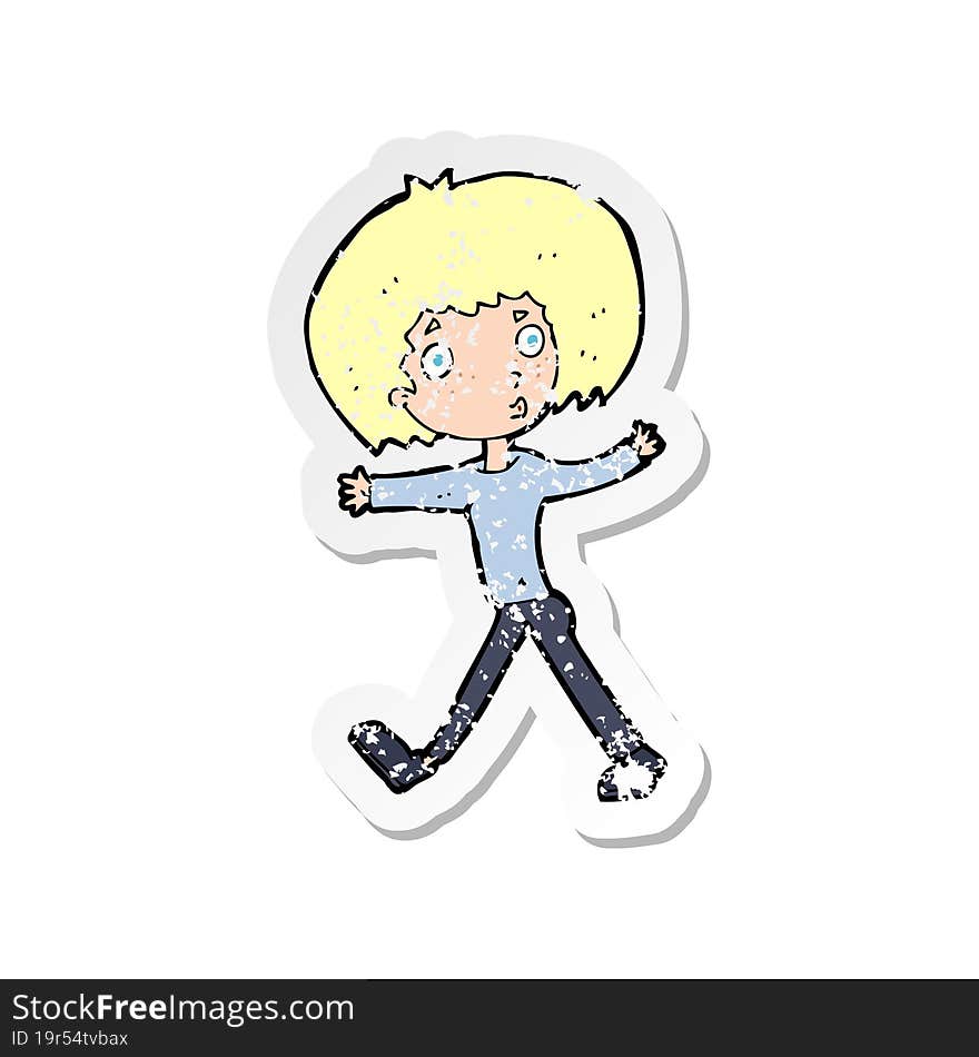 Retro Distressed Sticker Of A Cartoon Surprised Man Walking