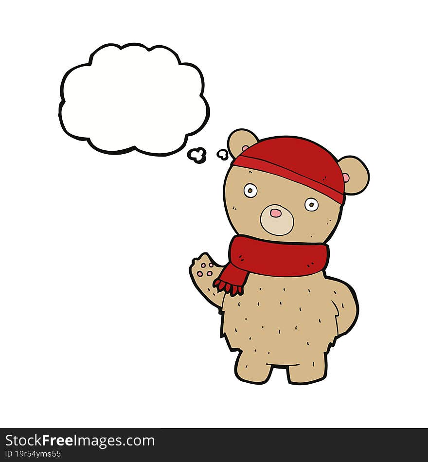 cartoon teddy bear in winter hat and scarf with thought bubble