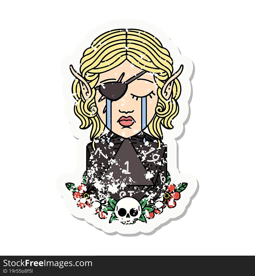 grunge sticker of a crying elf rogue character face with natural one D20 roll. grunge sticker of a crying elf rogue character face with natural one D20 roll