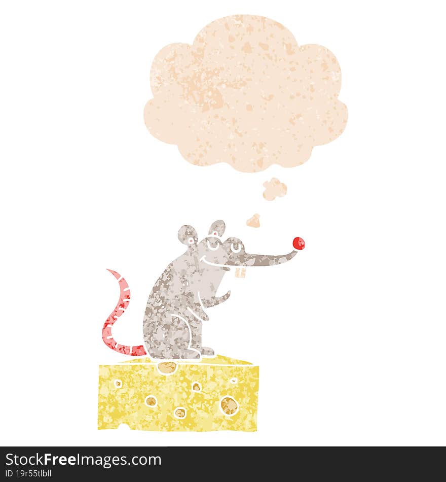 cartoon mouse sitting on cheese and thought bubble in retro textured style