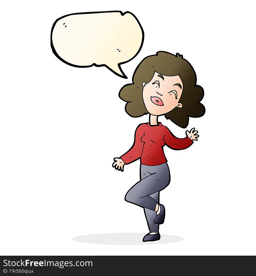 cartoon happy woman dancing with speech bubble