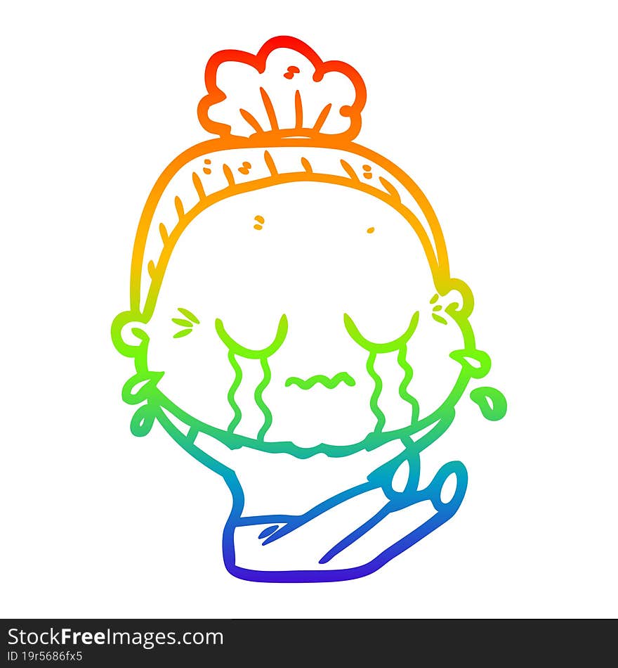 rainbow gradient line drawing of a cartoon crying old lady