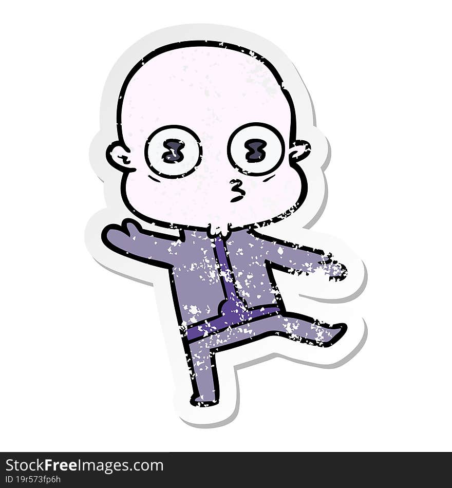 distressed sticker of a cartoon weird bald spaceman dancing