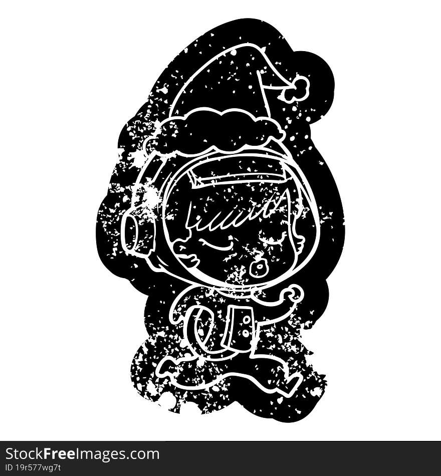 cartoon distressed icon of a pretty astronaut girl running wearing santa hat