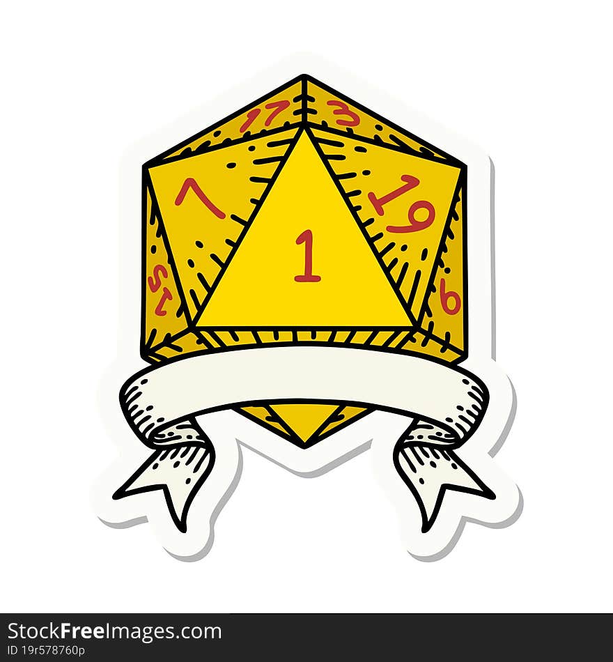 sticker of a natural one d20 dice roll. sticker of a natural one d20 dice roll