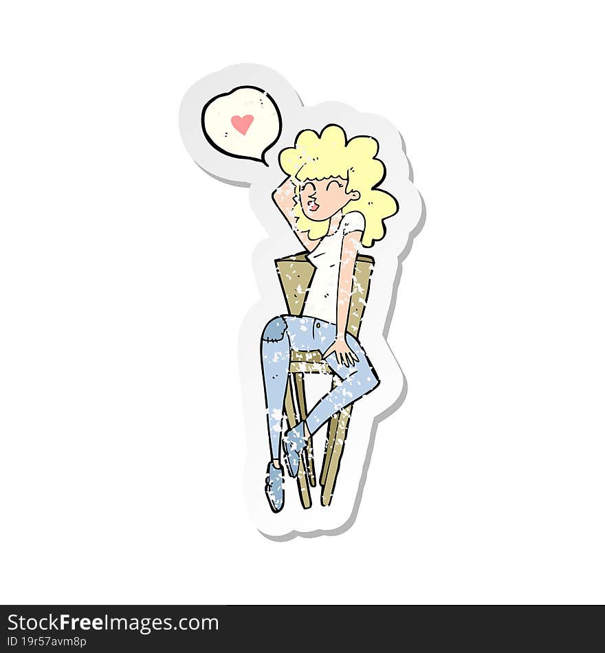 retro distressed sticker of a cartoon woman posing on chair