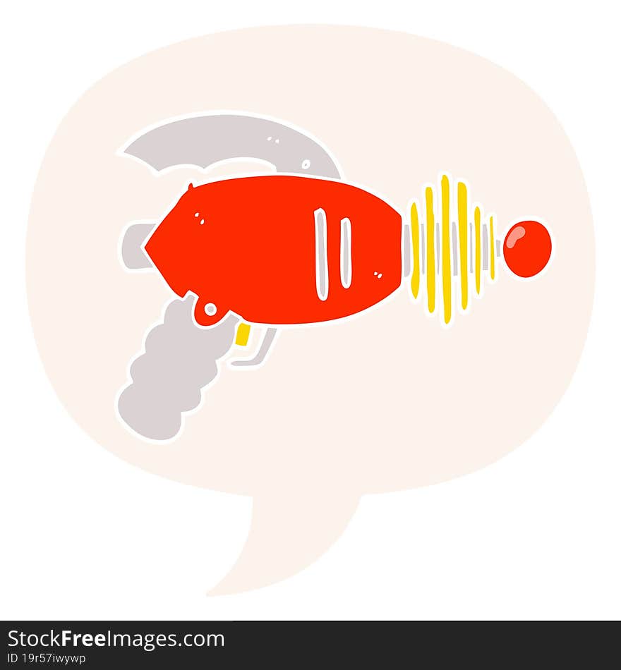 cartoon ray gun and speech bubble in retro style