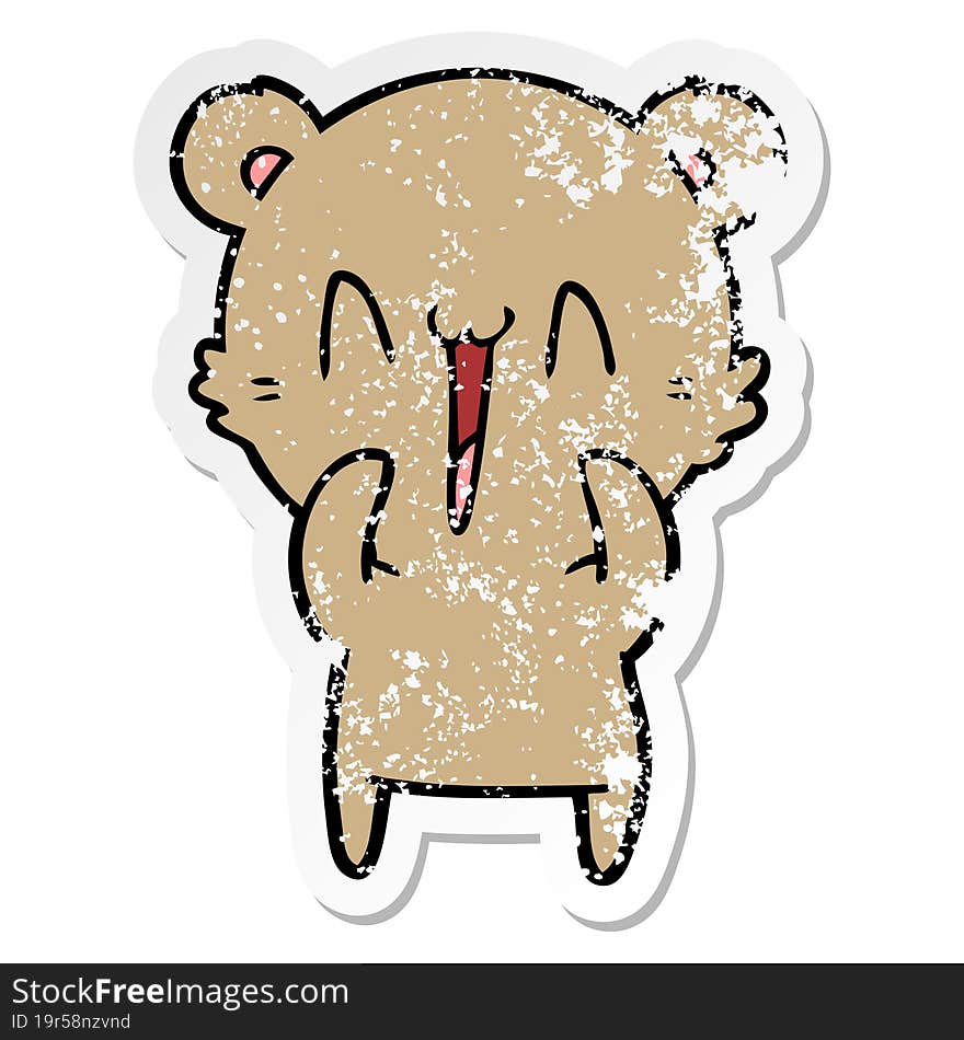 distressed sticker of a happy bear cartoon