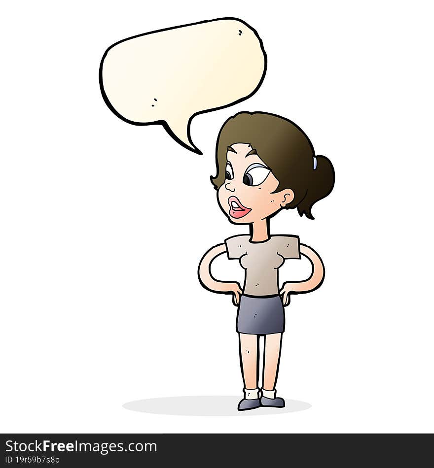 cartoon woman with hands on hips with speech bubble