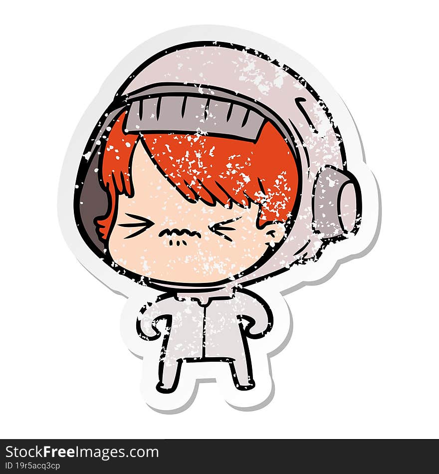 distressed sticker of a angry cartoon space girl