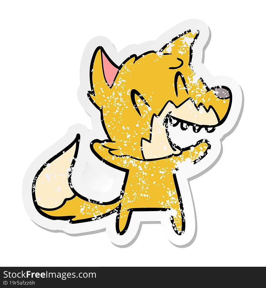 distressed sticker of a laughing fox cartoon