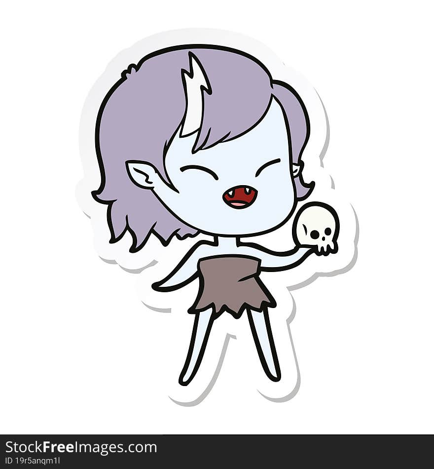 sticker of a cartoon laughing vampire girl with skull