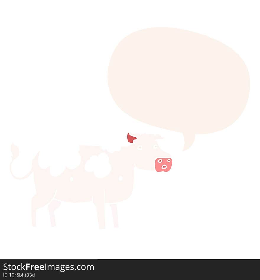 cartoon cow and speech bubble in retro style