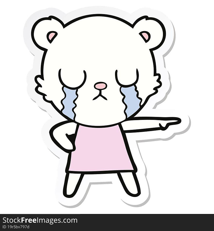 sticker of a crying polar bear in dress pointing