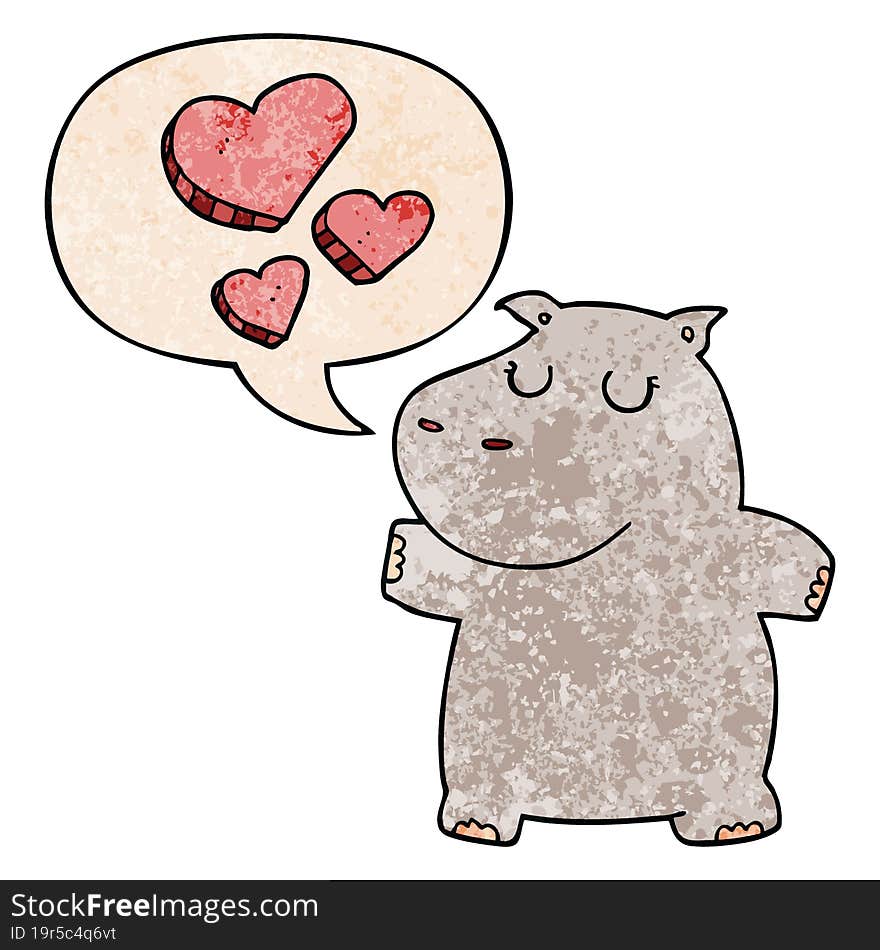 cartoon hippo in love with speech bubble in retro texture style