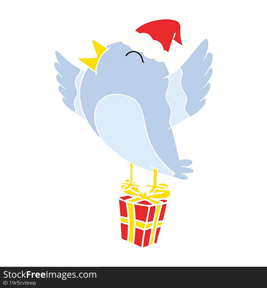 hand drawn flat color illustration of a bird wearing santa hat