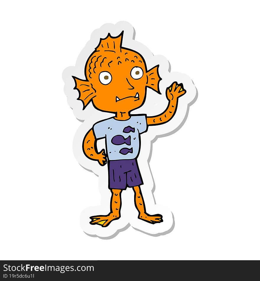 Sticker Of A Cartoon Waving Fish Boy