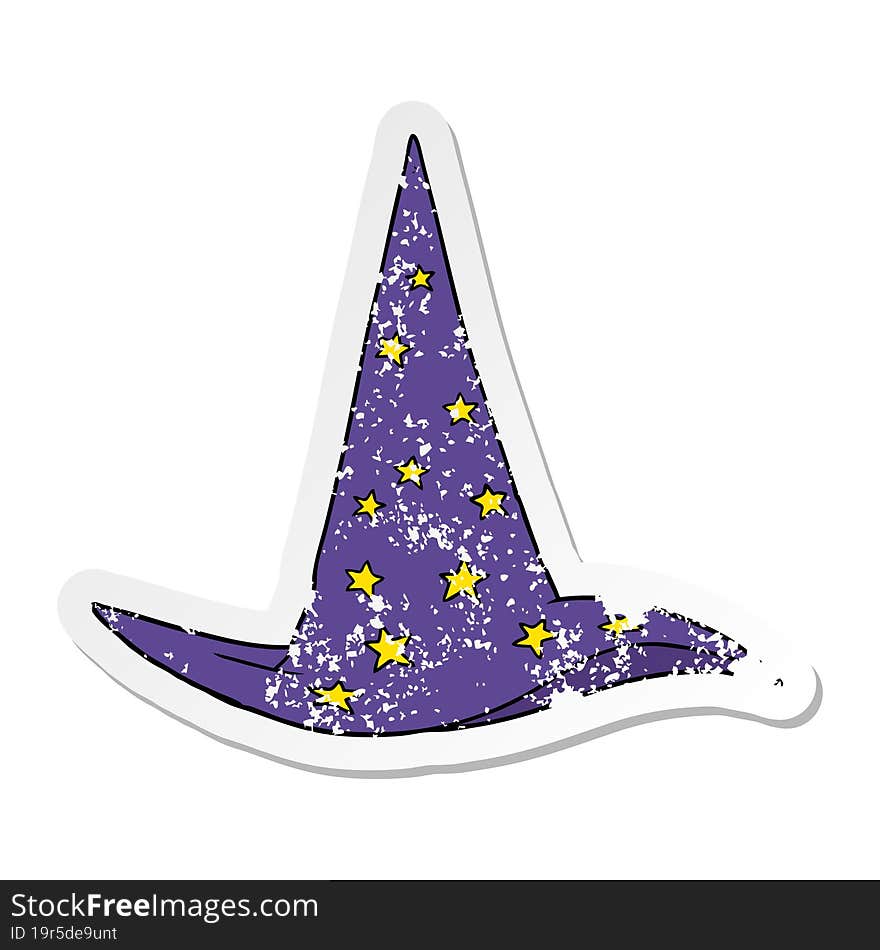 distressed sticker of a cartoon wizard hat