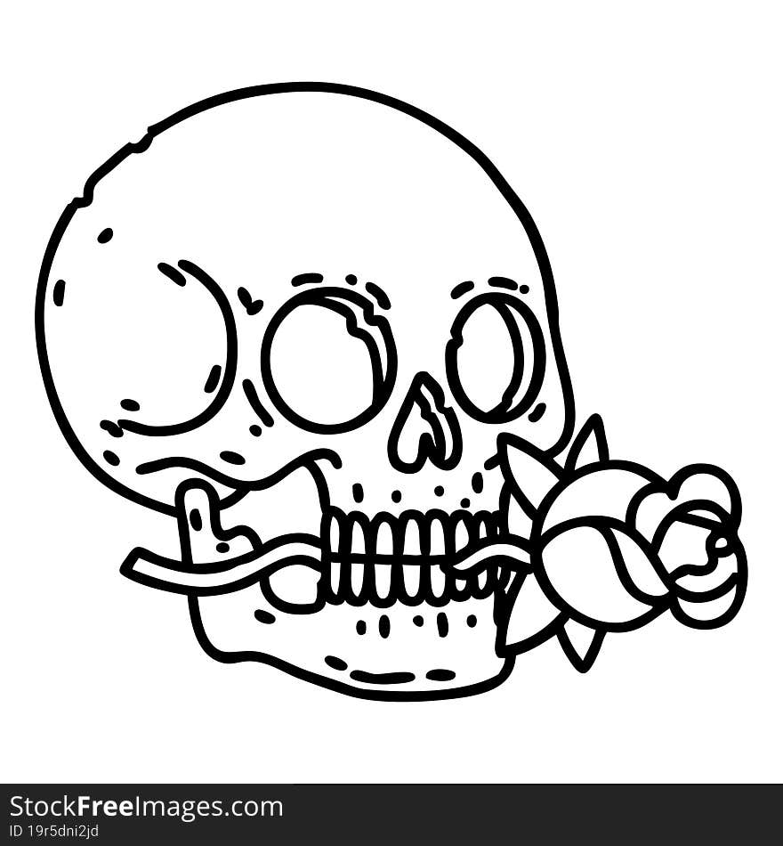 tattoo in black line style of a skull and rose. tattoo in black line style of a skull and rose