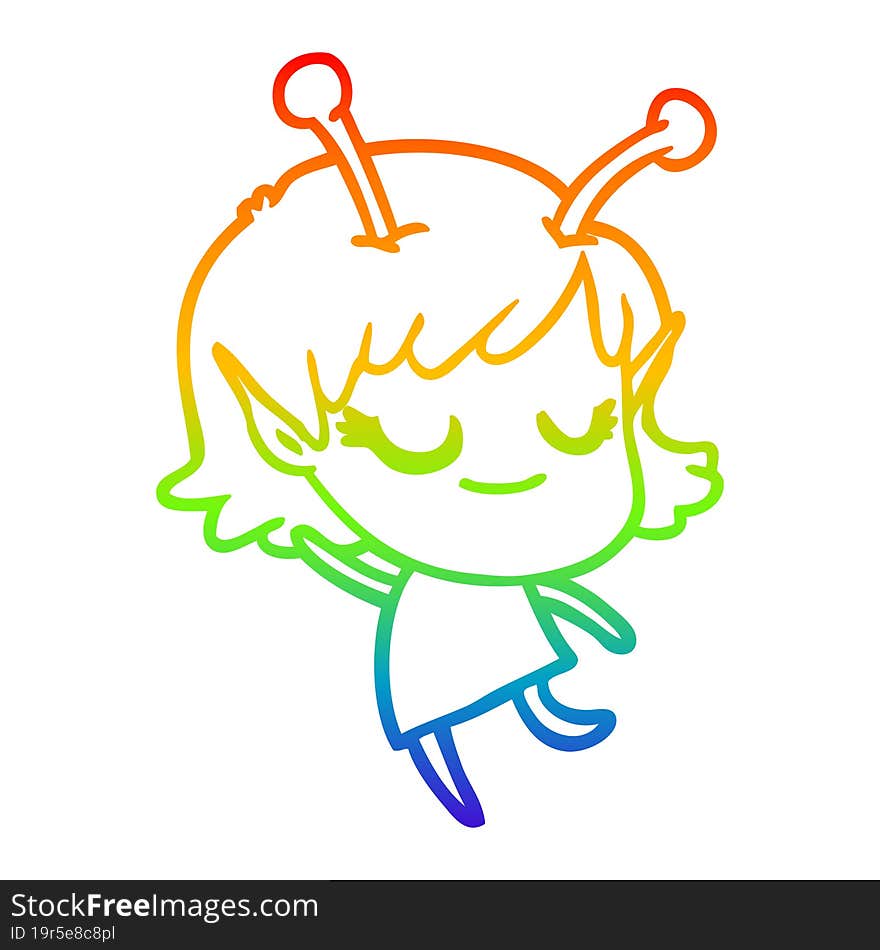 rainbow gradient line drawing smiling alien girl cartoon