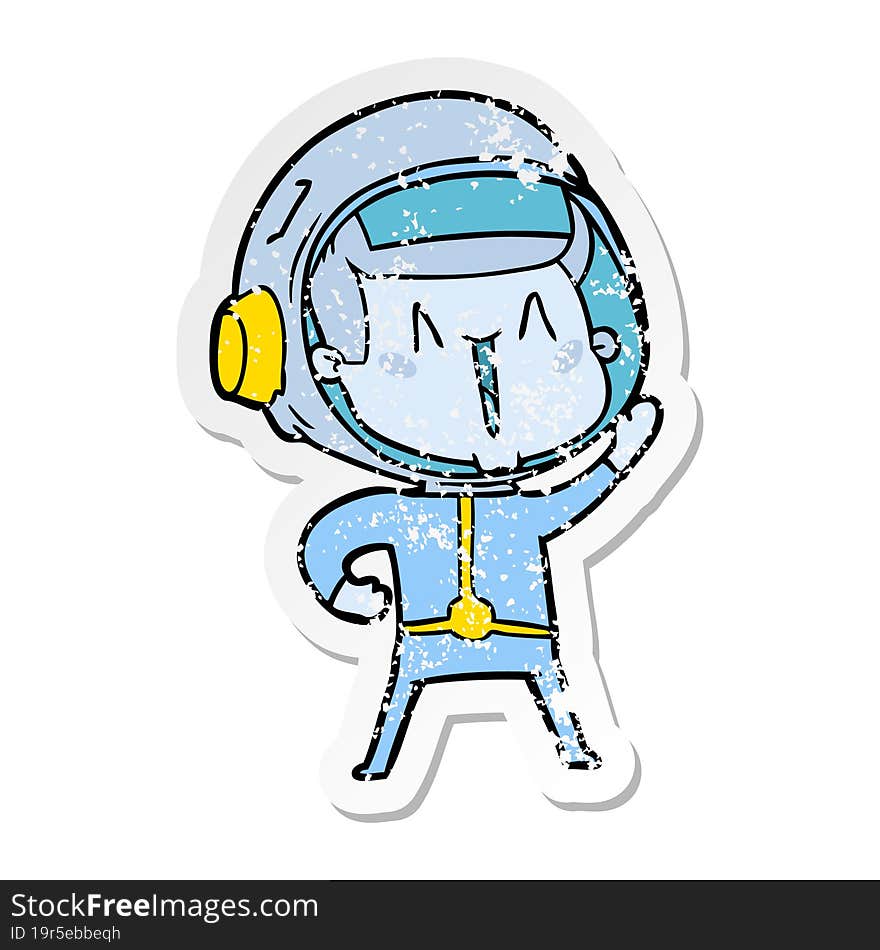 distressed sticker of a happy cartoon astronaut