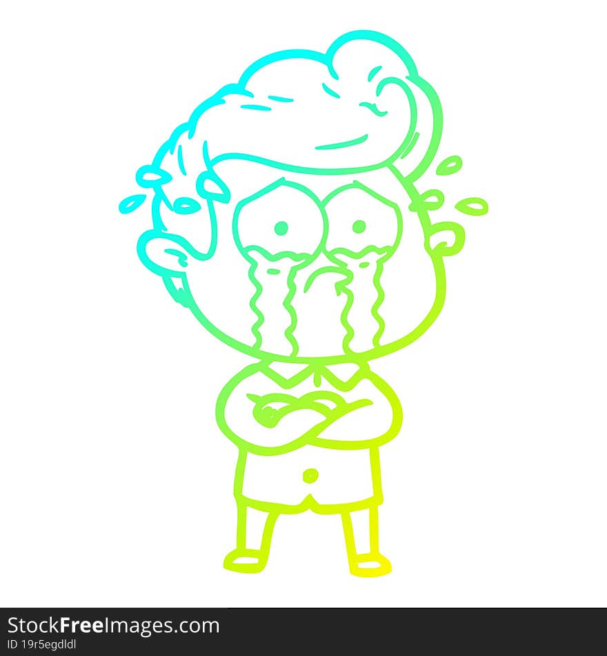 cold gradient line drawing cartoon crying man with crossed arms