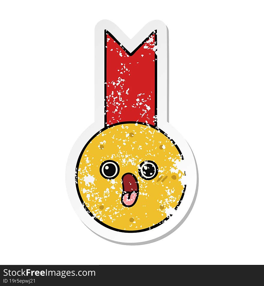 distressed sticker of a cute cartoon gold medal