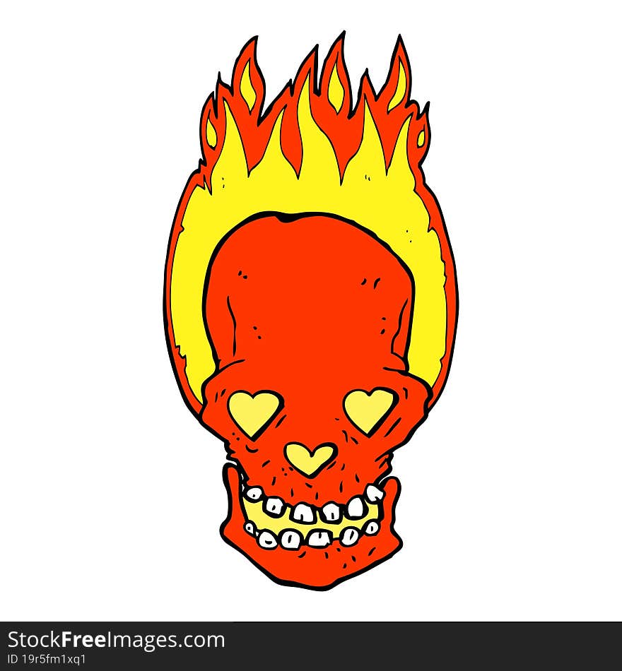 cartoon flaming skull with love heart eyes