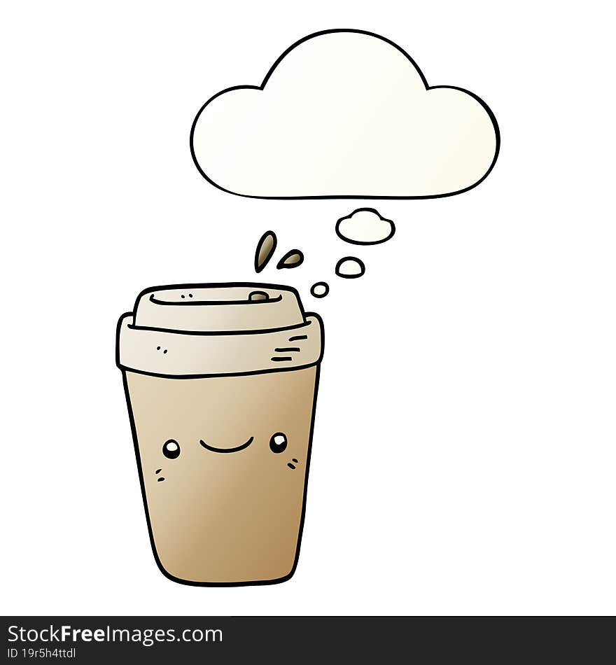 cartoon takeaway coffee with thought bubble in smooth gradient style