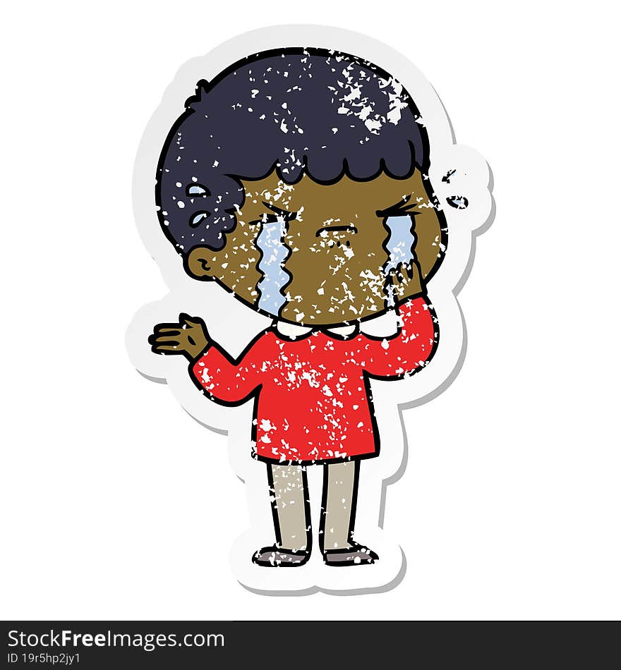 distressed sticker of a cartoon man crying