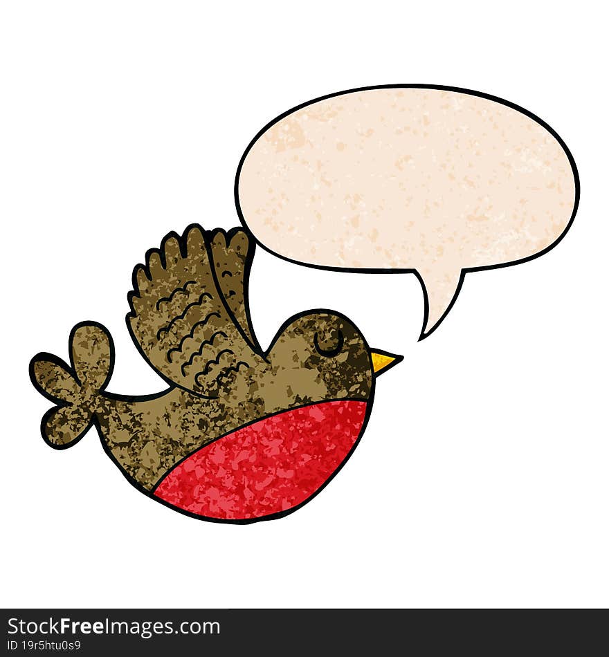 cartoon flying bird and speech bubble in retro texture style