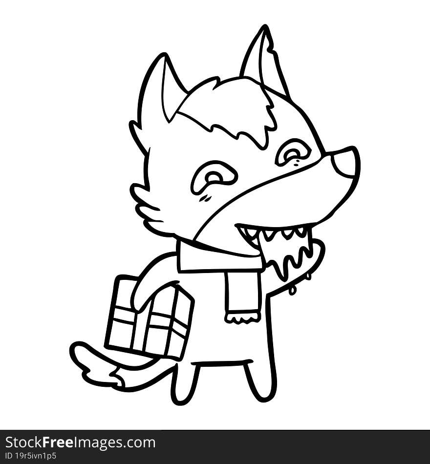 cartoon hungry wolf holding christmas present. cartoon hungry wolf holding christmas present