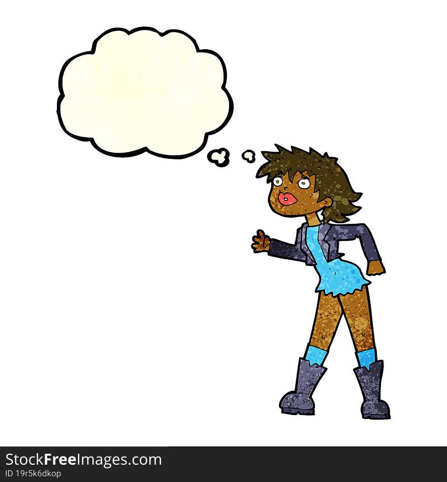 cartoon girl in leather jacket with thought bubble